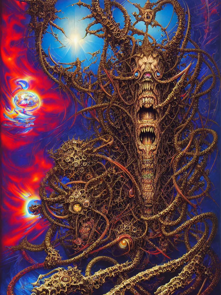 Prompt: realistic detailed image of Technological Nightmare Abomination Monster Diamond God by Ayami Kojima, Amano, Karol Bak, Greg Hildebrandt, and Mark Brooks, Neo-Gothic, gothic, rich deep colors. Beksinski painting, part by Adrian Ghenie and Gerhard Richter. art by Lisa Frank. masterpiece
