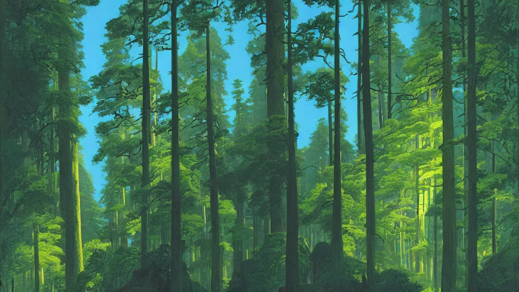Prompt: a hilly green blue fantasy redwood forest at dusk. perspective landscape fantasy. high contrast, strong shadows. deep colorful soft gradients, rich blue tones. by norman rockwell, johfra bosschart, and eyvind earle. artstation