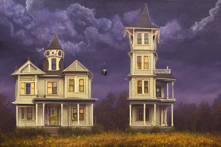 Prompt: a beautiful hyperrealistic painting of a victorian house with a tower at night, very detailed by andrea kowch and samuel and joseph newsom