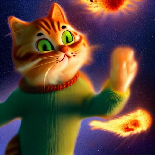 Prompt: garfield the cat at the end of time, hyper realistic, explosion in background, trending on artstation