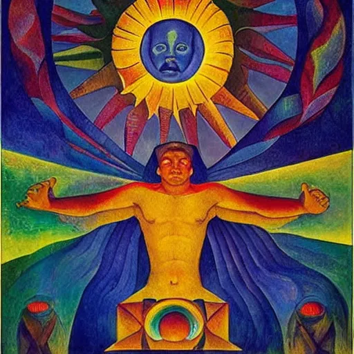 Prompt: Sun god, stars above, vivid colors, rays of multicolor light, by Diego Rivera