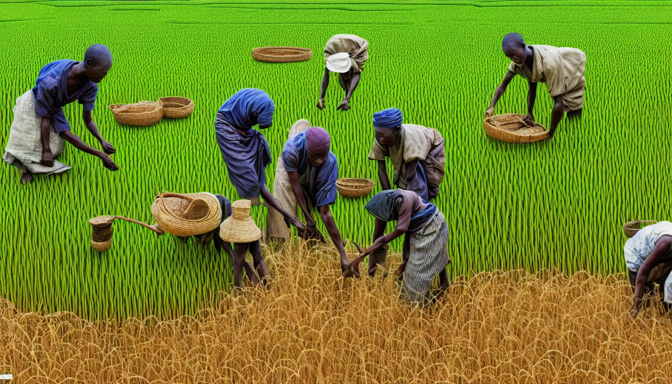 Prompt: Japanese and African Farmers tending to a rice field hyperrealistic, high definition, medium format photography, highly detailed, anamorphic 50mm lens