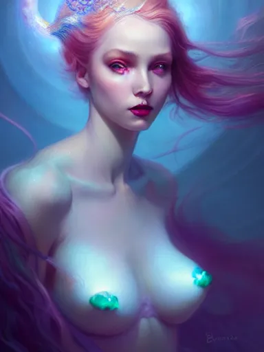 Image similar to mermaid by james jean, charlie bowater, tom bagshaw, nikolay makovsky, melanie delon : : enchanting, ethereal, magical, glowing, sparkle, prismatic, portrait, character design, illustration, hyperrealism, photorealism, digital art, concept art, dark fantasy, whimsy, weta, wlop, artstation