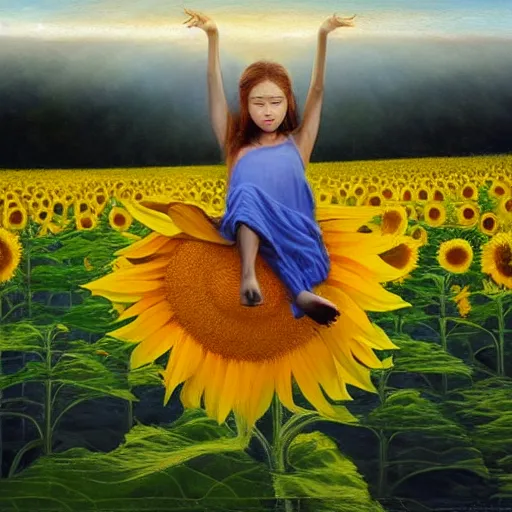 Image similar to a dreamy vision of girl levitating over amazing tall sunflower field, hair flowing, fog, early morning lightning, subtle, intricate details, real masterpiece, oil on canvas, by somsak anong