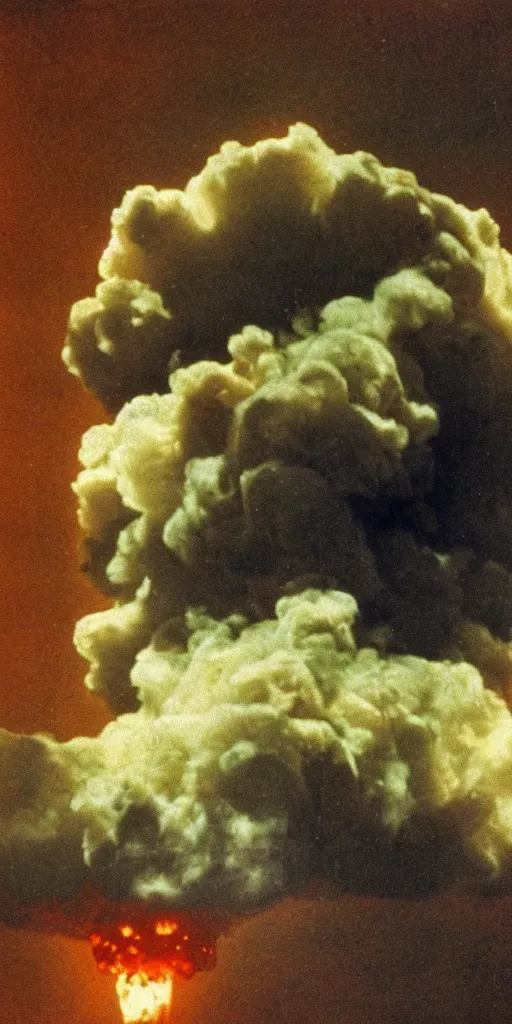 Prompt: a highly detailed and stunning autochrome photograph of an atomic bomb explosion with mushroom cloud, 8K