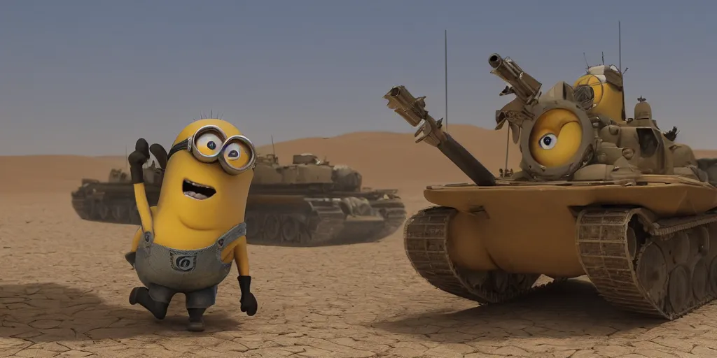 Image similar to a minion sitting on a tank in the desert, gulf war, afghanistan, middle east, award winning photo, angular, unreal engine 5 highly rendered, global illumination, detailed and intricate