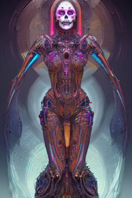 Image similar to ultra detailed Female Android deity, scifi, octane render, (dia de los muertos), asymmetrical, intricate concept art, triadic color scheme, art by artgerm and giger and DZO and greg rutkowski and alphonse mucha and loish and WLOP