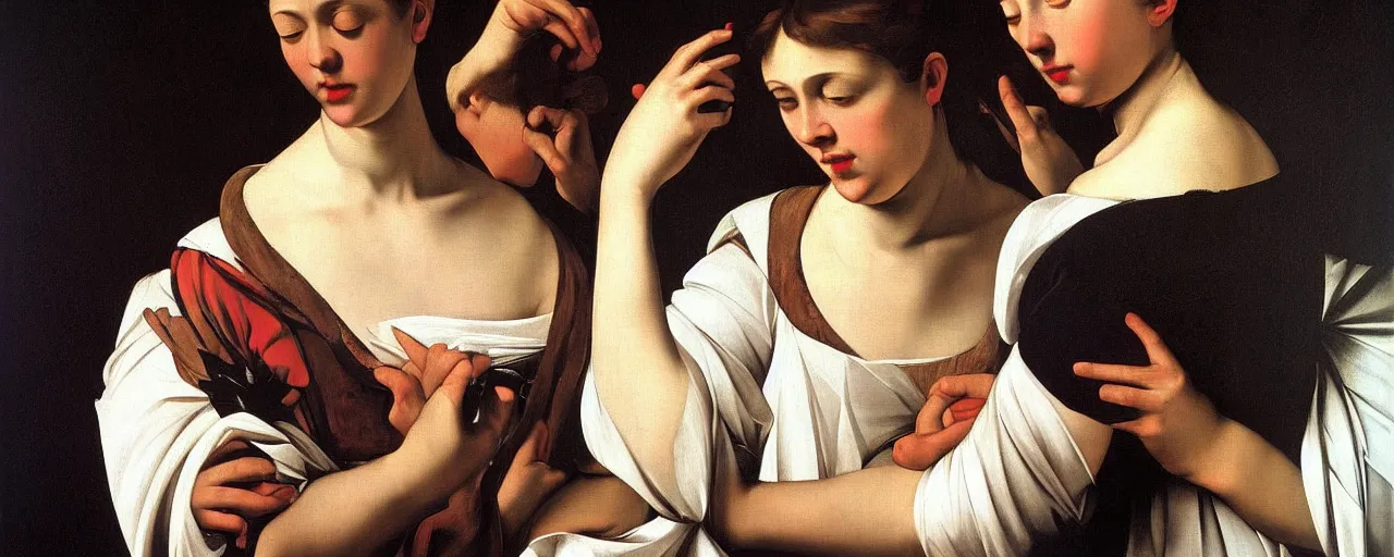 Prompt: painting by caravaggio, young woman in baroque dress, detailed, stunning