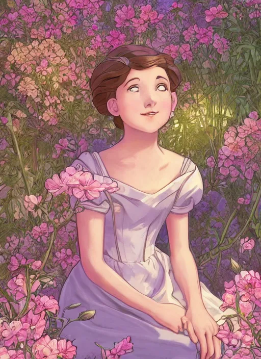 Image similar to well - lit art nouveau portrait of a 1 3 - year old girl wearing a sundress in a flower garden with lanterns at night, natural lighting, path traced, highly detailed, high quality, cartoon, digital painting, by don bluth and ross tran and studio ghibli