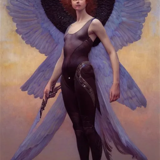 Image similar to epic masterpiece full body portrait a beautiful female angel, flawless skin, perfect body, perfectly formed wings, by Edgar Maxence and Ross Tran and Michael Whelan