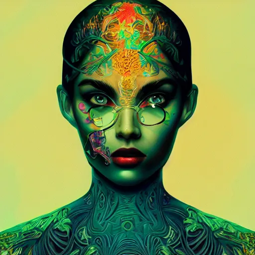 Image similar to A beautiful portrait, surreal, LSD, face, detailed, intricate, elegant, highly detailed, digital painting, artstation, smooth, sharp focus, illustration, art by Kilian Eng