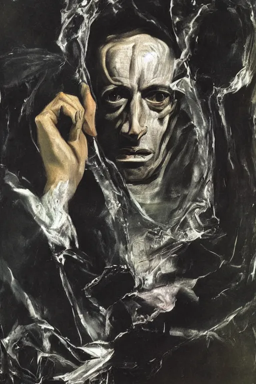 Image similar to menacing portrait of medici emerging from the dark void, lonely figure in the darkness, painted by Adrian Ghenie El Greco, painted by Lucian Freud, polaroid, Renaissance, John Singer Sargant, glitch