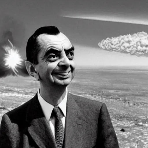 Prompt: Mr Bean watching the atomic bomb explode in the distance