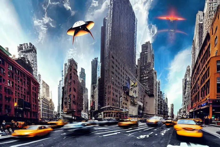 Prompt: matte painting of an alien mothership entering the atmosphere seen from the streets of downtown new york, pov