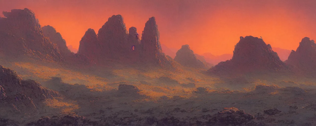 Prompt: A barren craggy landscape with mountainous buttes and spiral tors, with a cloudy yellow orange sky, by Bruce Pennington