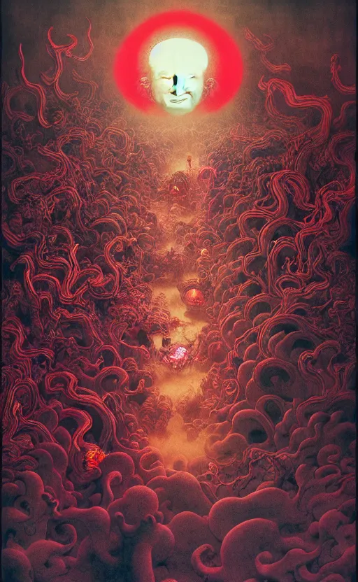 Image similar to zhongyuan festival, chinese ghost festival, king of hell, inside page of comic book, psychedelic lights and fog, in the style of zdzislaw beksinski, ayami kojima, takato yamamoto, barclay shaw, karol bak, glowing light and shadow, hyperrealist