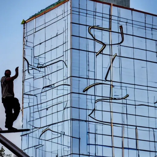 Image similar to a man trying to write the word the on top of a building in stilts