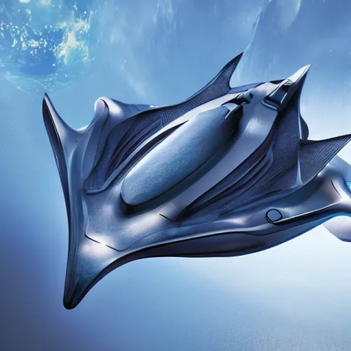 Prompt: a manta ray shaped futuristic spaceship in a stunning landscape by Eng, Kilian, ultra-detailed, hyper-realistic, 8k,