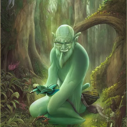 Prompt: a green genie ready to grant wishes deep in the forest, fantasy illustration, Miyazaki