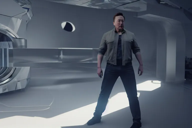 Image similar to a cinematic still of Elon musk, gigantic torso, octane render, nvidia raytracing demo