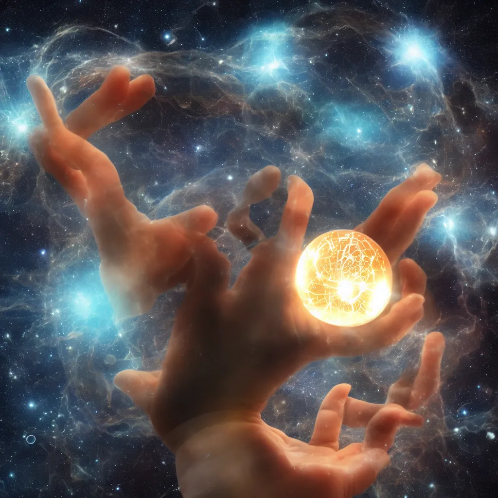 Prompt: time traveller holding an orb with the power of the universe