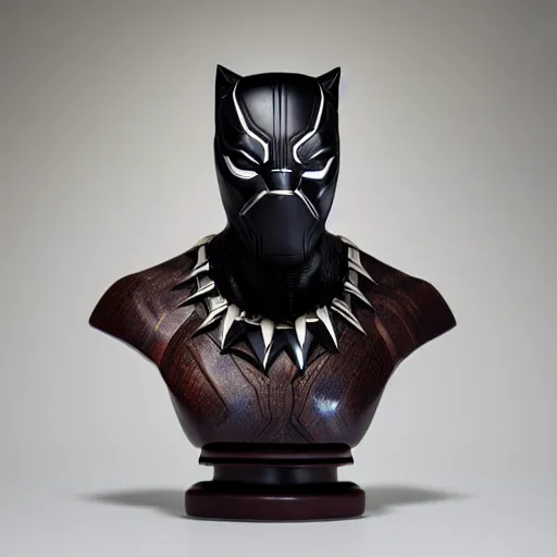 Image similar to a completely made of wood, real - world sculpture bust of the black panther marvel character, made of highly polished walnut wood, polished, cedar, polished tiger - wood. photograph, photographic, 3 5 mm