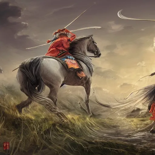 Image similar to dynamic composition, motion, ultra-detailed, incredibly detailed, a lot of details, amazing fine details and brush strokes, colorful and grayish palette, smooth, HD semirealistic anime CG concept art digital painting, watercolor oil painting of meadow and sunrise, from Three Kingdoms, by a Chinese artist at ArtStation, by Huang Guangjian, Fenghua Zhong, Ruan Jia, Xin Jin and Wei Chang. Realistic artwork of a Chinese videogame, gradients, gentle an harmonic grayish colors.