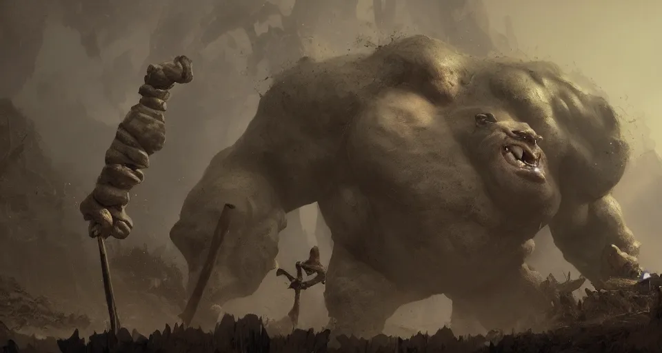 Prompt: one big giant ogre troll with a club. dust and fog atmosphere. by eddie mendoza and craig mullins. volumetric lights