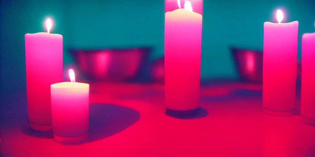 Prompt: macro of a vessel full of blood, it's in the corner of a room that's lit with candles, turquoise and pink lighting, 1980s, cinestill 800t