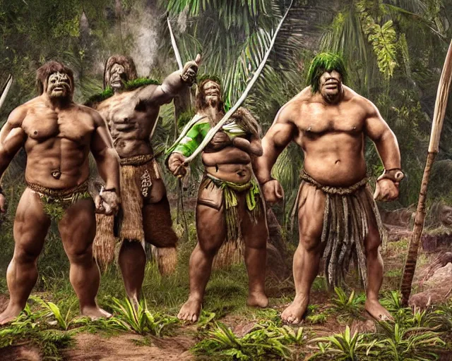 Image similar to hyper realistic group vintage photograph of a live action warcraft orc warrior tribe in the jungle, tall, hulk like physique, detailed faces, tribal paint, tribal armor, grain, old, monochrome, wide angle