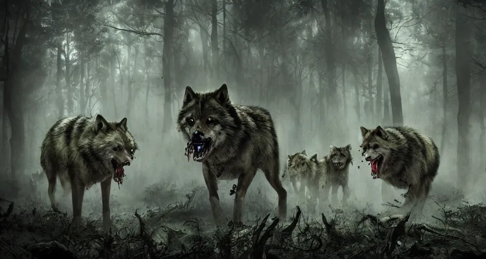 Image similar to an epic action concept masterpiece of a rabid wolfpack, in a forest made of nightmares, inspired by sd ai. horrific digital art, extremely moody lighting