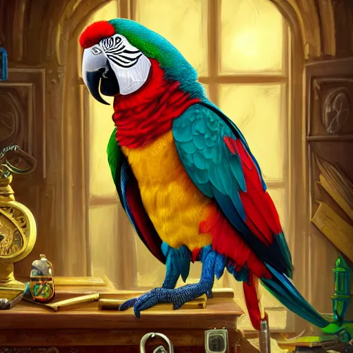 Prompt: Anthropomorphized parrot trader in his shop, selling his wares, portrait, items, gold, carpet, window, sly l, cunning expression, presenting wares, holding a gold bag, D&D, fantasy, cinematic lighting, highly detailed, digital painting, artstation, concept art, smooth, sharp focus, illustration, warm light, cozy warm tint, magic the gathering artwork, volumetric lighting, 8k, art by Akihiko Yoshida, Greg Rutkowski