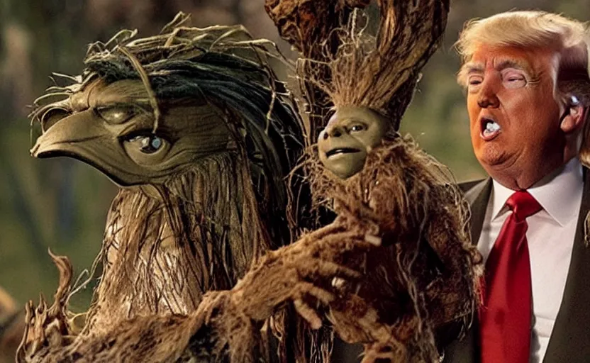 Image similar to donald trump as a oracle, a still from the dark crystal, high quality, very detailed, cinematic,