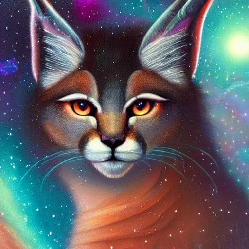 Prompt: cute fluffy caracal, futuristic iridescent clothing, wormhole, nebula, black hole, aries constellation, multiverse, neon god of city character portrait, in the style of margaret keane, moebius, tom bagshaw, and waterhouse, cinematic lighting, beautiful, elegant, oil painting