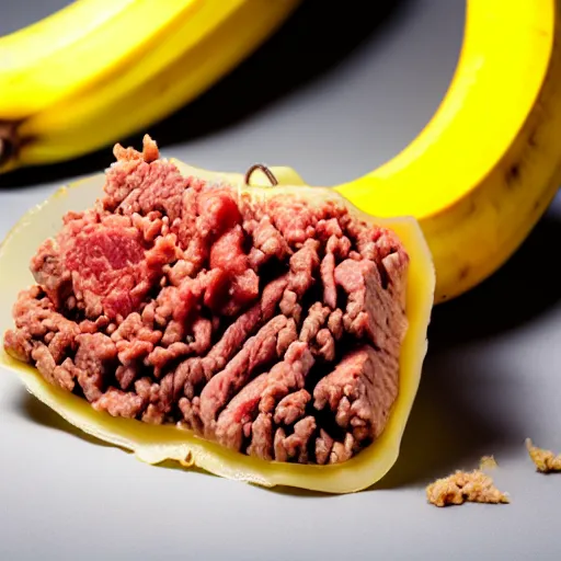 Image similar to a stock photo of ground beef inside a banana peel, product photography, low aperature, award winning