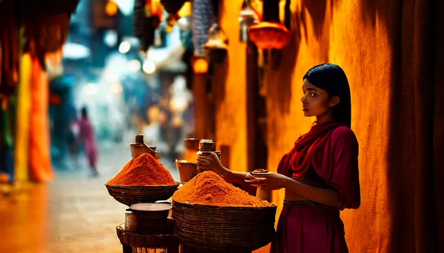 Prompt: movie still photograph of young woman in tunic selling powder at spice market, warm air, beautiful composition, cinematic, vibrant colors, lights and shadows, highly detailed, depth of field, volumetric lights