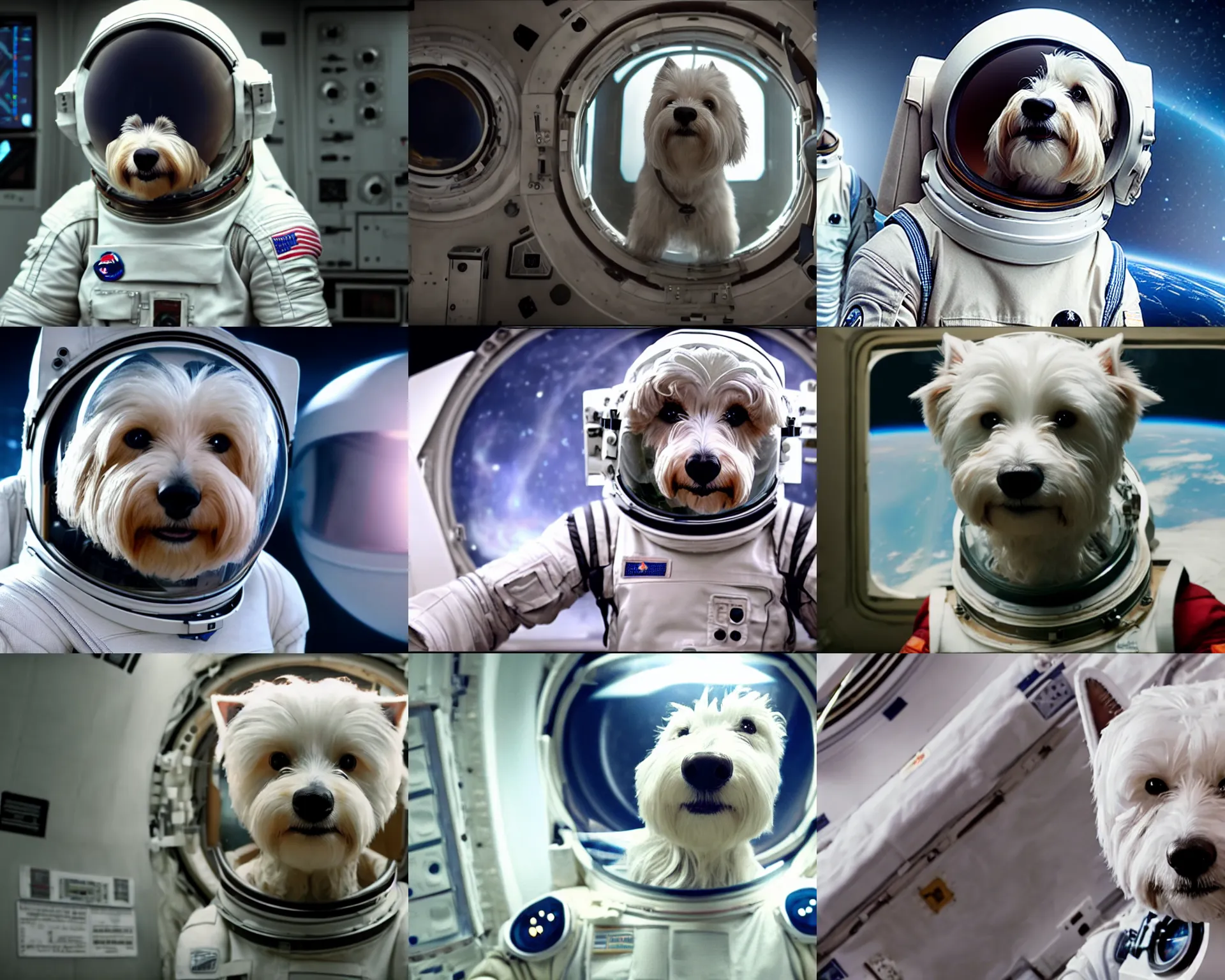 Image similar to film still of anthropomorphic anthropomorphic westie as astronaut in interstellar, 4 k