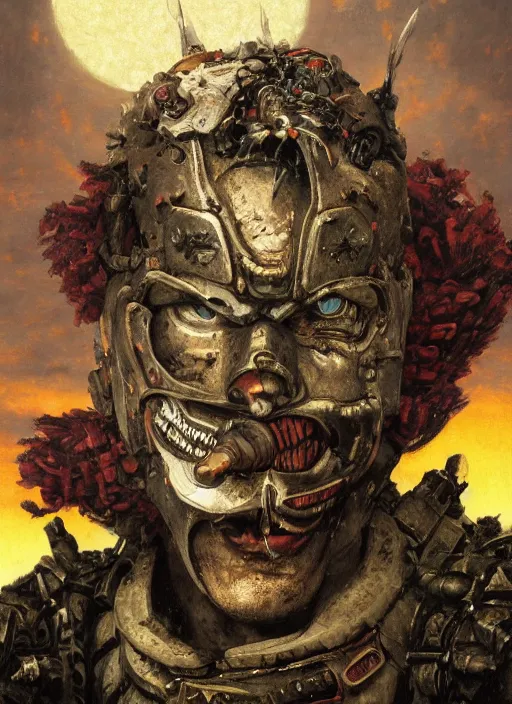 Image similar to portrait of a diabolical cyborg clown samurai, torn cape, adaptive armor, dynamic pose, heavy eyes to the side, ancient ruins, glowing veins subsurface scattering, in clouds, sunset, portrait, by gerald brom, by mikhail vrubel, by peter elson, muted colors, extreme detail, reflections, trending on artstation, 8 k