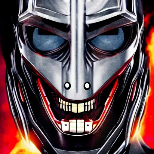 Prompt: face of an armored villian, ultron, sauron, evil dark, mask, joker smile