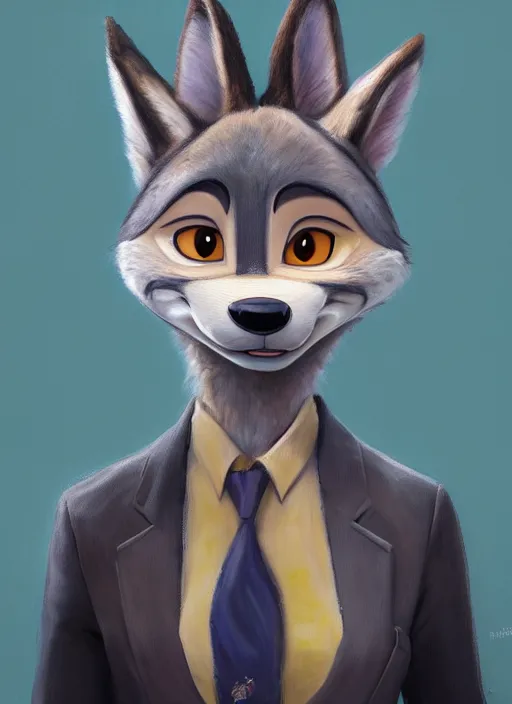 Image similar to oil painting of detailed full body of anthromorphic female wolf, in style of zootopia, zootopia, zootopia, fursona, furry, furaffinity, 4 k, deviantart, furry art, fursona art, wearing black business suit, business suit, in style of zootopia, wolf fursona, cyberpunk, female, expressive detailed feminine face,