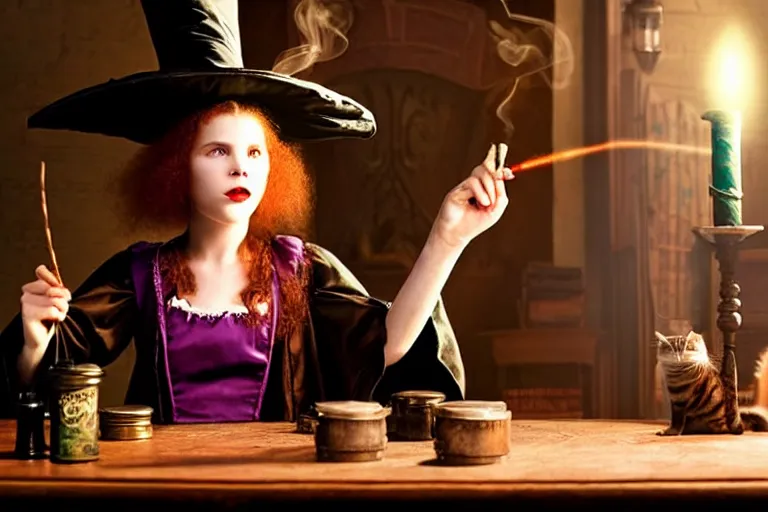 Image similar to close up portrait, dramatic lighting, teen alice witch calmly points a magic wand casting a spell over a large open book on a table with,, cat on the table in front of her, sage smoke, a witch hat cloak, apothecary shelves in the background, still from alice in wonderland