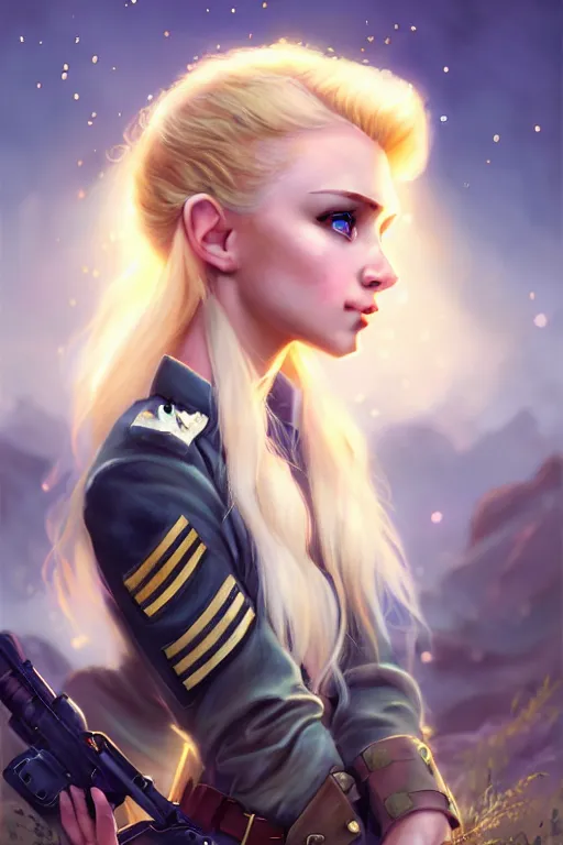 Image similar to cinematic shot of an epic portrait of a cute blonde fairy dressed in military clothes, stylised military clothes, shiny skin, beautiful eyes, beautiful, small details, night setting, realistic poster with volumetric light from craig mallism, artgerm, jeremy lipkin and michael garmash, unreal engine, radiant light, digital art, trends at art station, a masterpiece