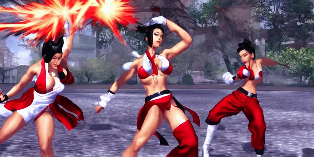 Prompt: Obama fighting against Mai Shiranui in King of the fighters XV, HR Gameplay of PlayStation5, digital art.