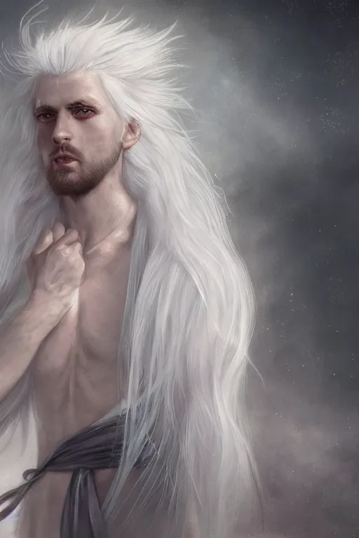 Image similar to white haired robe fu xi full male front body portrait, distant view, very long white beard and hair, long hair shawl, fine kindness delicate prefect face features gaze, piercing eye, elegant, style of tom bagshaw, cedric peyravernay, peter mohrbacher, victo nga, 4 k hd illustrative wallpaper, animation style, chinese style