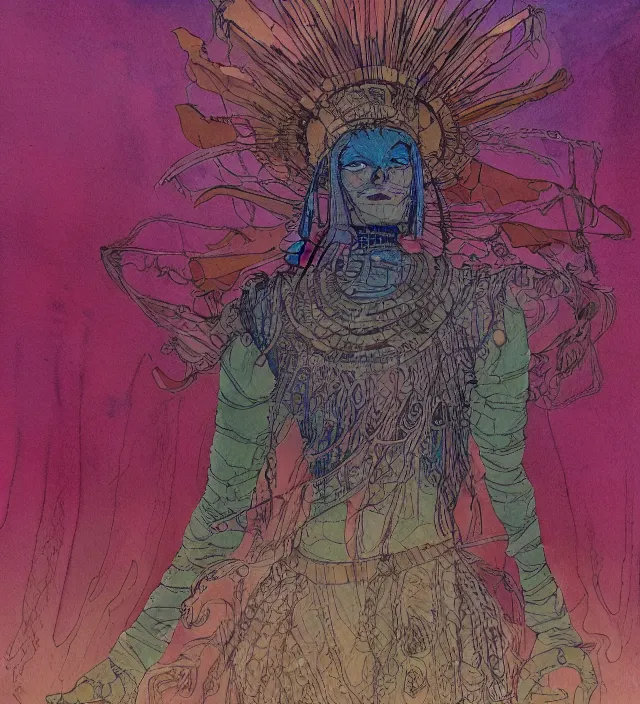 Image similar to a 3 / 4 view watercolor ink painting of an android shaman / wizard wandering desert bringing miracles in the style of jean giraud in the style of moebius trending on artstation deviantart pinterest detailed realistic hd 8 k high resolution