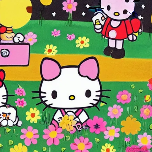 Prompt: painting of hello kitty and her friends playing outside on a sunny day, by yoko shimizu, by sanrio