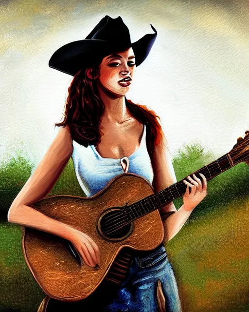 Prompt: a painting of a cowgirl playing a guitar and singing outdoors with texas hill - country in background, in the style of casey baugh, digital art