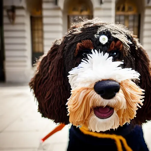 Image similar to a closeup photorealistic photograph of a cute smiling knitted bernedoodle judge dog dressed in a black gown, presiding over the courthouse. indoors, professional capture, well lit shot. this 4 k hd image is trending on artstation, featured on behance, well - rendered, extra crisp, features intricate detail, epic composition and the style of unreal engine.