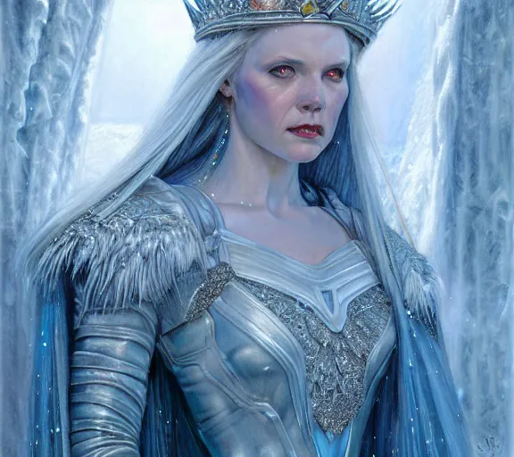 Prompt: The Ice Queen, snow, ice, cinematic, digital painting, hyperdetailed | donato giancola, ralph horsley | waist-up portrait | dungeons and dragons