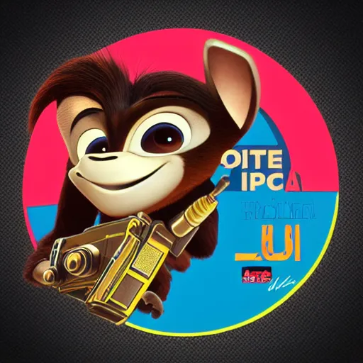 Image similar to “ logo of a upside down monkey in the style of zootopia holding laser gun, with a black background, digital art, award winning, trending on art station, retro style ”